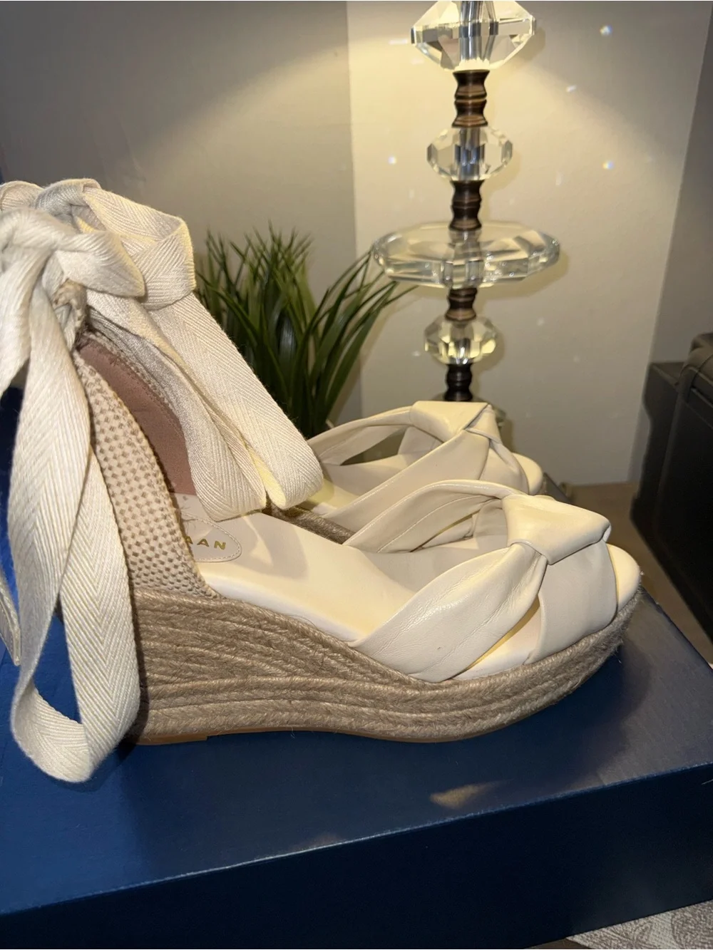 Cole Haan Cream Espadrille Wedge Sandals with Ankle Wrap